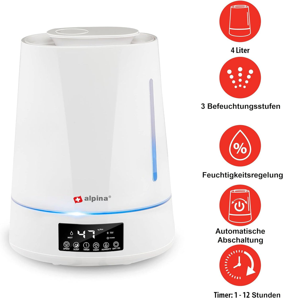 JUNG ALPINA Luftbefeuchter 4,3L Wassertank weiss, mit Fernbedienung, Aroma Diffuser Raumbefeuchter f