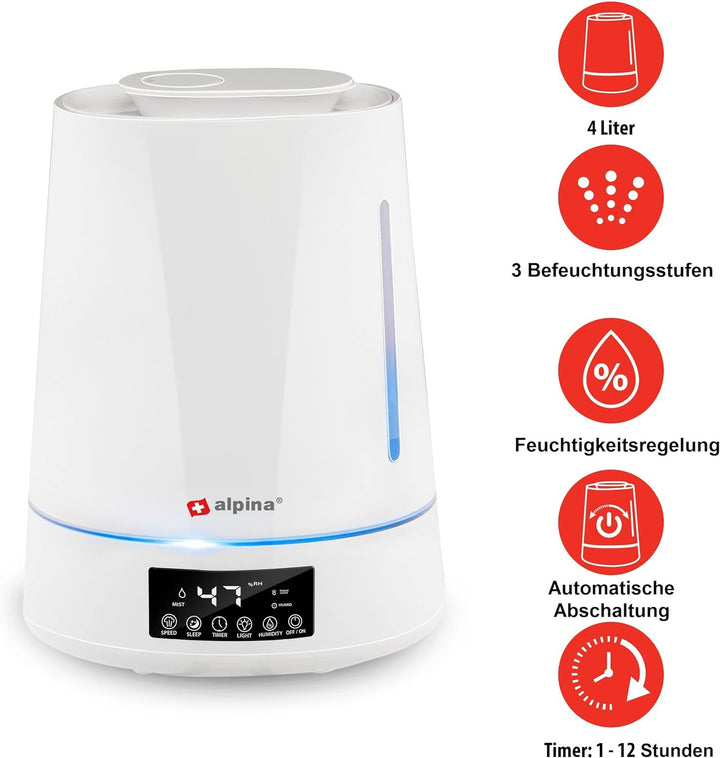 JUNG ALPINA Luftbefeuchter 4,3L Wassertank weiss, mit Fernbedienung, Aroma Diffuser Raumbefeuchter f