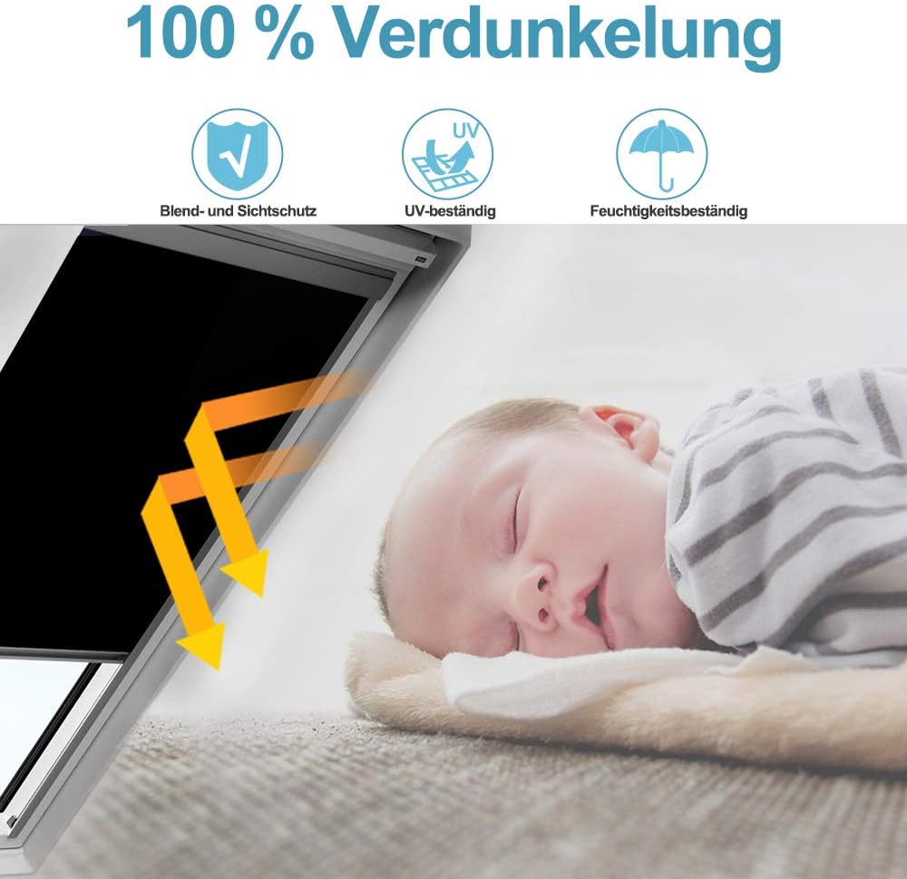 Lospitch Dachfenster Verdunkelungsrollo Schwarz Thermo-Rollo, 100% Verdunkelung, Silberne Seitenschi