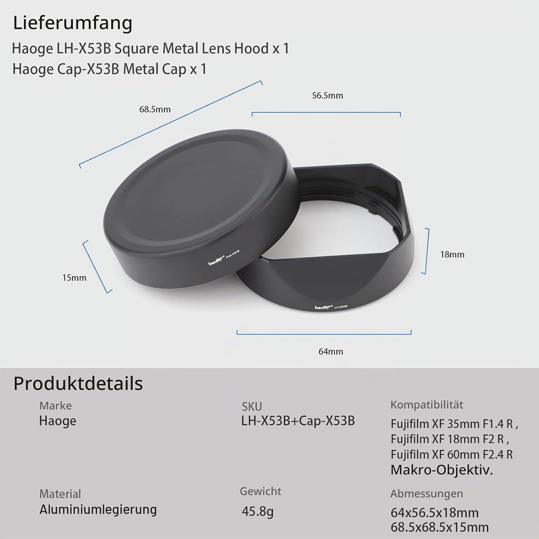 Haoge LH-X53B Gegenlichtblende aus Metall, quadratisch, für Fujifilm Fuji Fujinon XF 35 mm F1.4 R /