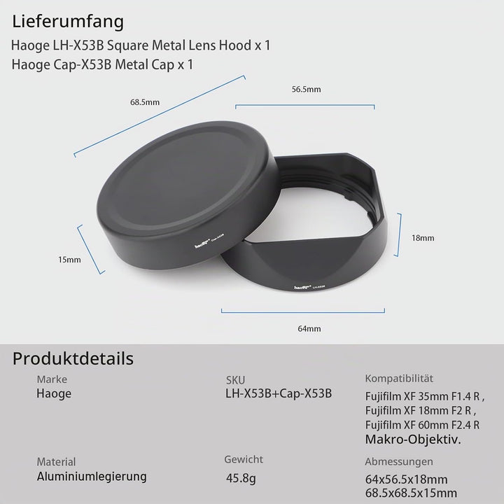 Haoge LH-X53B Gegenlichtblende aus Metall, quadratisch, für Fujifilm Fuji Fujinon XF 35 mm F1.4 R /