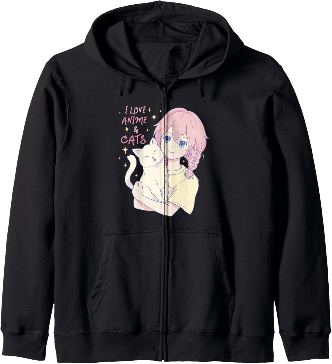 I Love Anime and Cats Cute Girl Pink Hair and Pet Grafik Kapuzenjacke