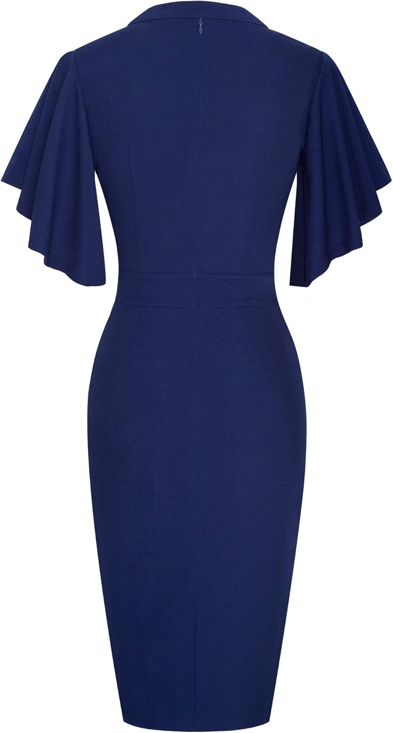 HOMEYEE Damen Elegant V-Ausschnitt mit Rüschen Sleeve Stretch Party Kleid B572, Dunkelblau
