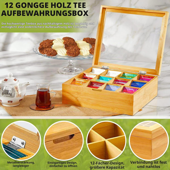 Teebox, Teebox aus Holz mit 12 Fächern und Sichtfenster, Teebeutel Aufbewahrungsbox, Teekiste Holz,