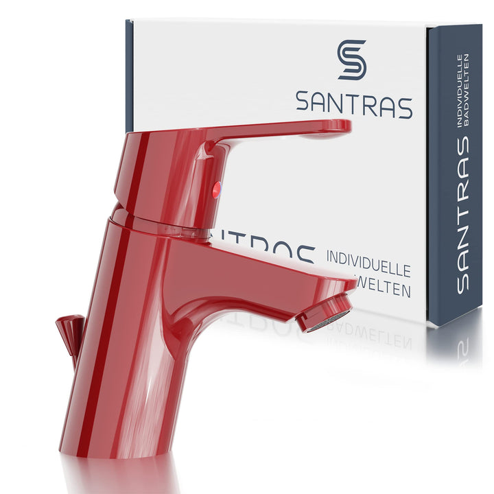 SANTRAS® Waschtischarmatur für das Bad mit Zugstange in Rot – Einhebel-Mischarmatur warm kalt für ei