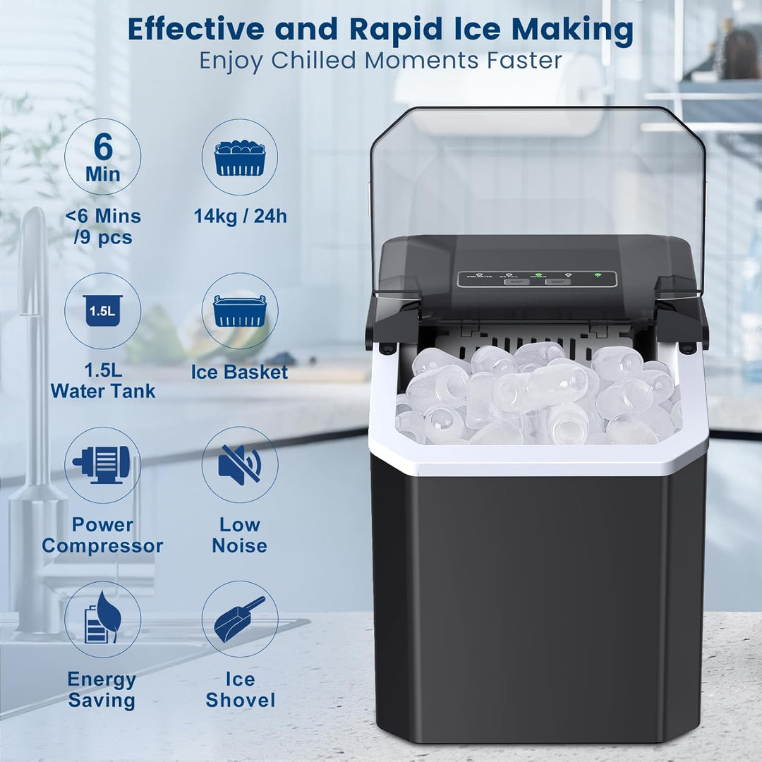 Eiswürfelmaschine, Ice Cube Maker 9 Eiswürfel in 6-8 Minuten,2 Grössen von Bullet Ice,12KG/24H,Selbs