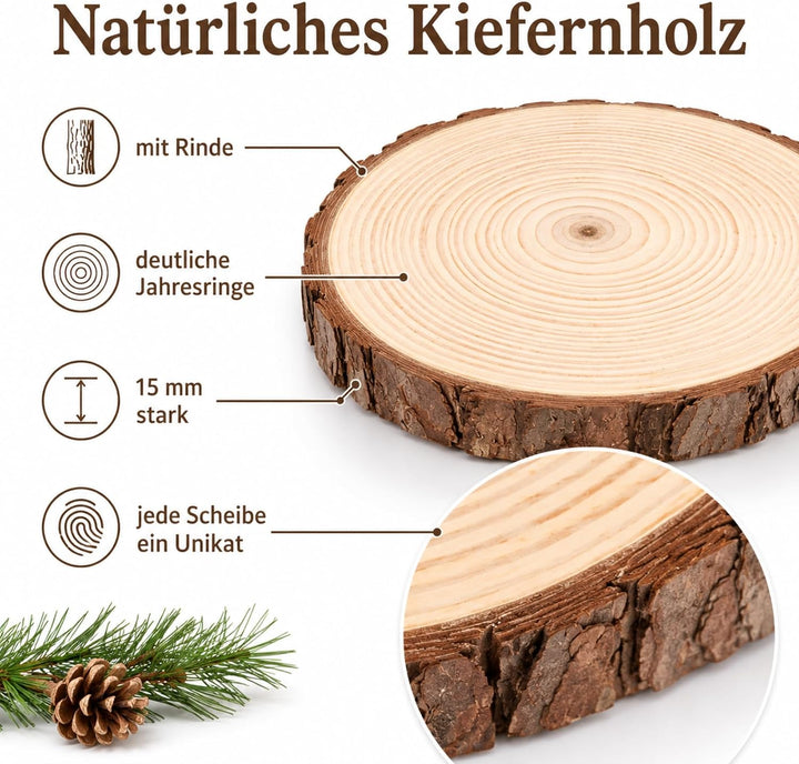 Holzscheiben 16er Set 15-17 cm Runde Baumscheiben ohne Loch – Unbehandelte Holz Log Scheiben aus Kie