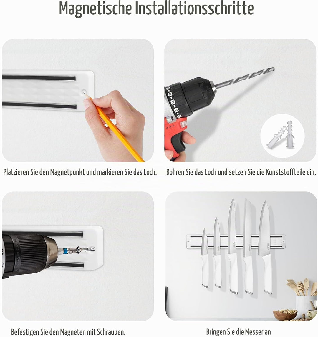 hecef Messerset mit Messerhalter Magnetisch, 5 tlg Scharfe Küchenmesser Set mit 33cm Messer Magnetle