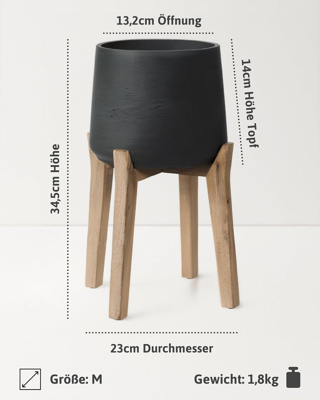 Finestgreen Patt Feet High | Handgefertigtes Pflanzgefäss auf Holzfüssen (M Ø:23 H:34,5 cm, Schwarz)