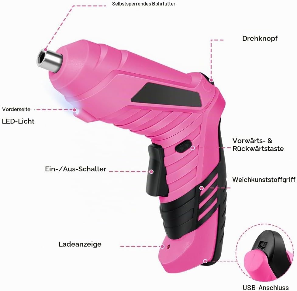 Pink - Elektroschrauber flintronic Akkuschrauber Klein, Mini con LED-Licht, 1300mAh Akku Wiederaufla