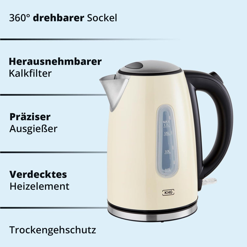 KHG Wasserkocher WK-1707 (CE) Creme, 1,7l Kapazität, Edelstahl Chrom, LED Leuchte, Wasserstandanzeig