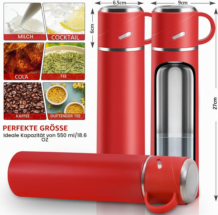 Thermosflasche Edelstahl, Thermoskanne 550ml mit Trinkbecher und Griff, Auslaufsichere Isolierte Tri