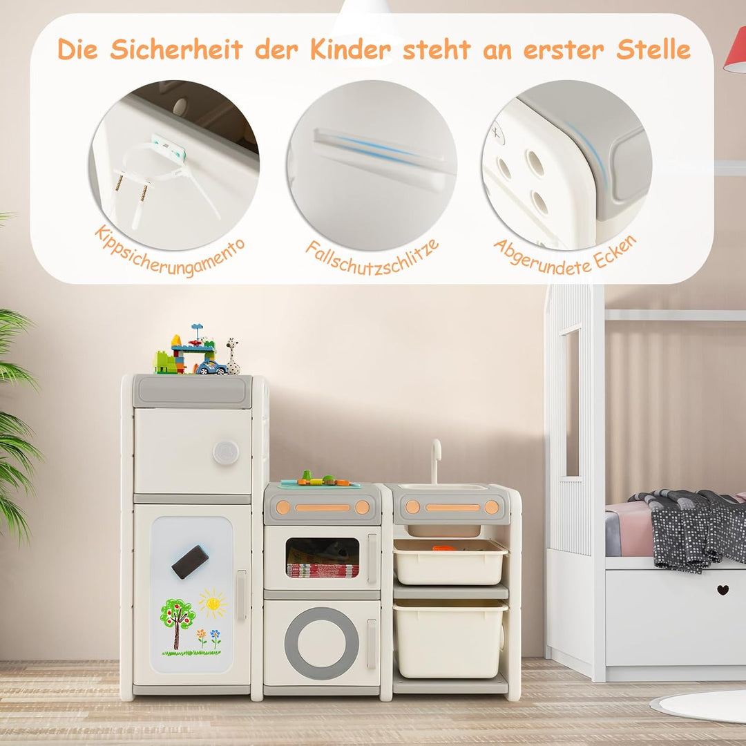 COSTWAY Kinderregal mit Boxen, Kinderzimmer Regal mit 4 Schränken Spül Wasserhahn Whiteboard Markern