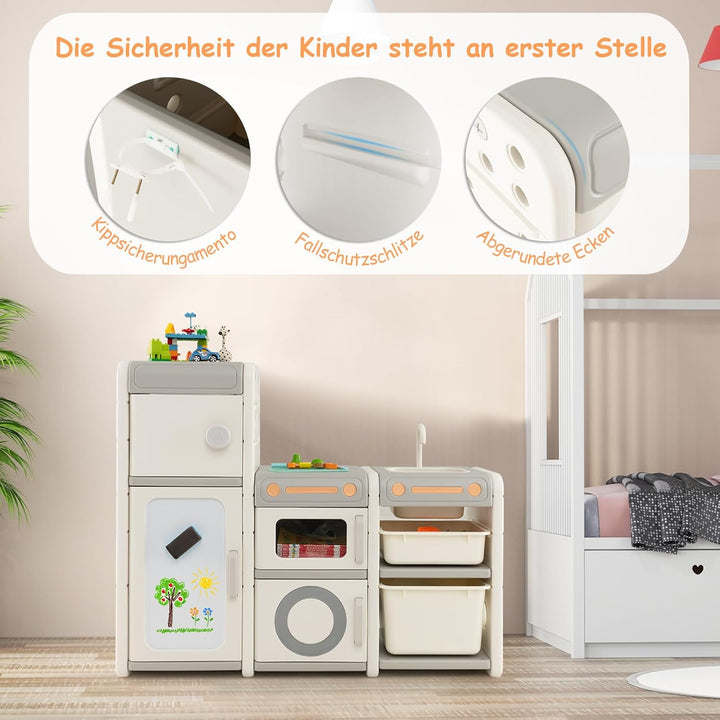 COSTWAY Kinderregal mit Boxen, Kinderzimmer Regal mit 4 Schränken Spül Wasserhahn Whiteboard Markern