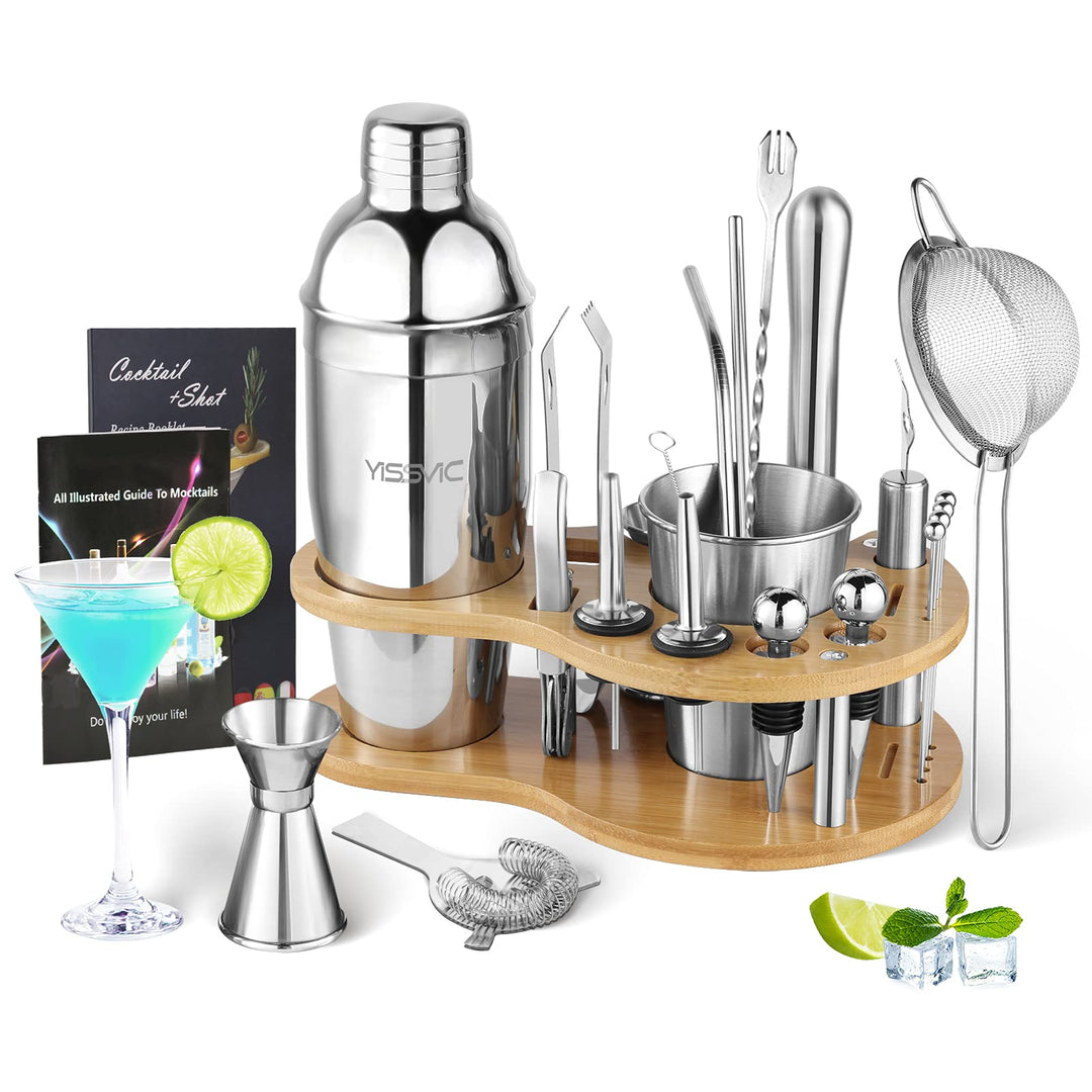YISSVIC Cocktail Set 22 Stück Cocktail Barzubehör Mix Set Edelstahl Cocktailshaker 750ml mit Holzstä