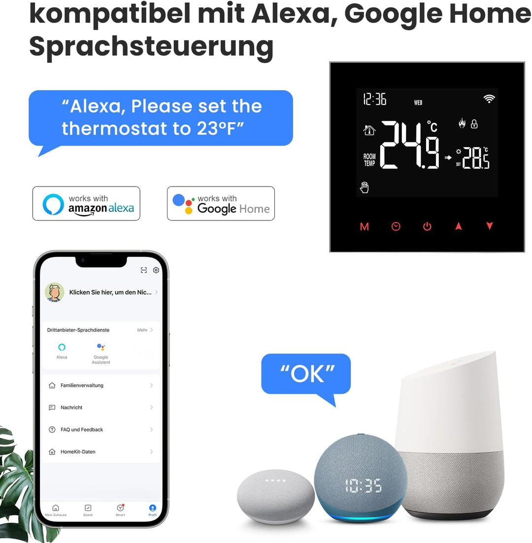 AVATTO Thermostat für Wasser-Fussbodenheizung Stellantrieb Smart WiFi Thermostat Programmierbar Raum