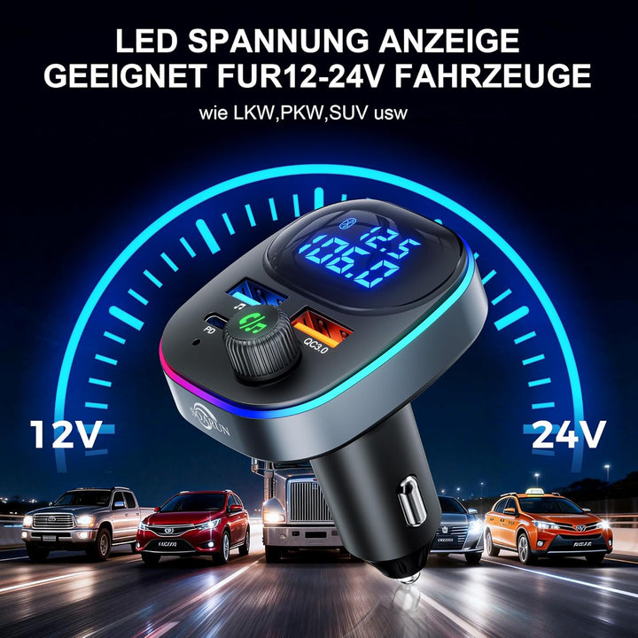 Bluetooth 5.3 FM Transmitter,38W KFZ Musik Adapter für Auto Radio,PD&QC3.0 Schnellladung mit Spannun