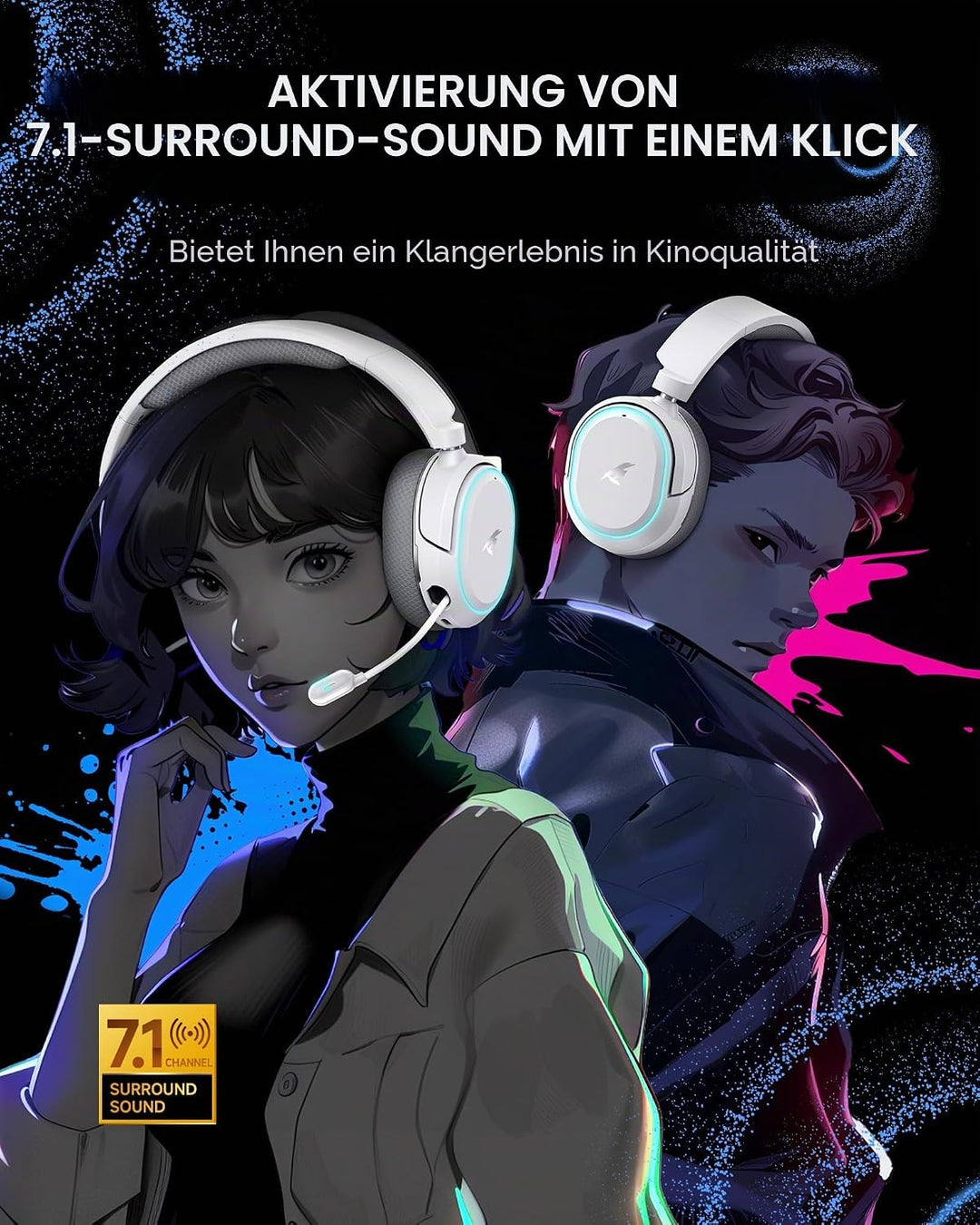 Picun G2 Wireless Gaming Headset, Over-Ear 7.1 Virtual Surround Sound, 2.4GHz/Bluetooth 5.4/Wired, 5