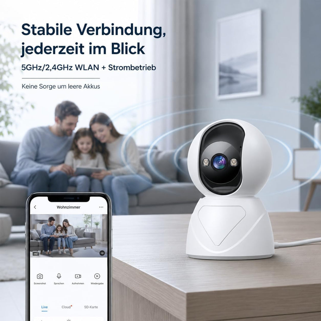 5G WLAN Überwachungskamera Innen, 3MP UHD Kamera Überwachung Innen, 355° Drehbar Hundekamera Schwenk