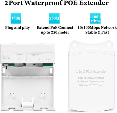 Revotech PoE-Extender mit 2 Anschlüssen, IP67 wasserdicht, PoE-Repeater, 100 m/250 m für den Aussenb