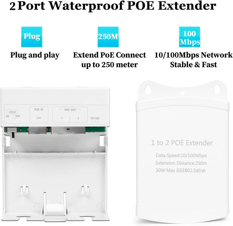 Revotech PoE-Extender mit 2 Anschlüssen, IP67 wasserdicht, PoE-Repeater, 100 m/250 m für den Aussenb