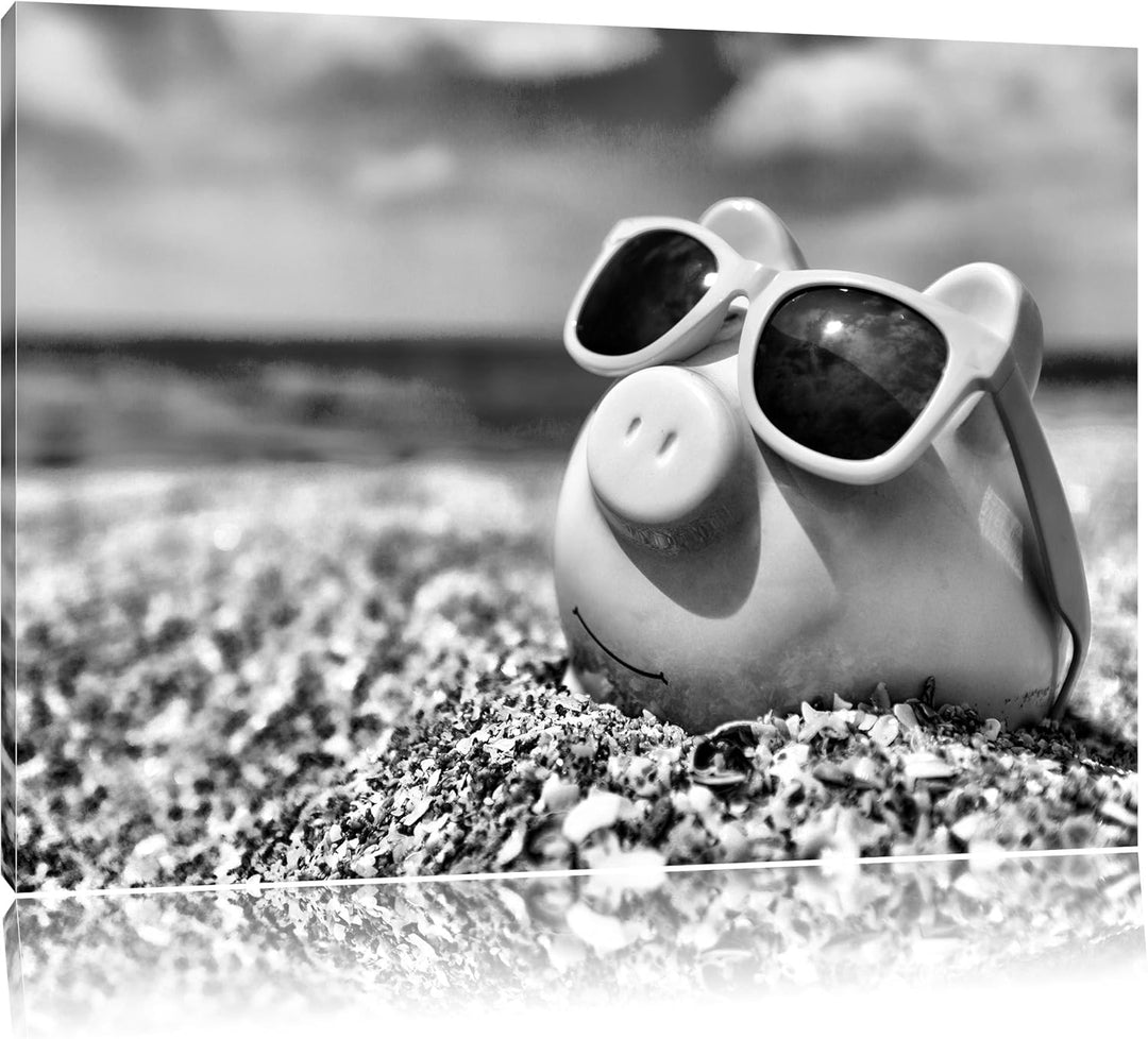 Pixxprint Monocrome, Schweinchen am Strand, Format: 100x70 auf Leinwand, 100x70
