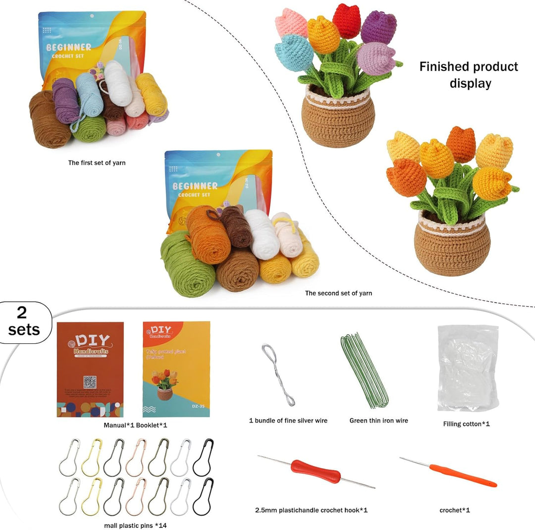 Keboyoe 2 Stück Tulpe Häkelset für Anfänger mit Video Anleitung, Häkeln für Anfänger Set, Diy Häkels