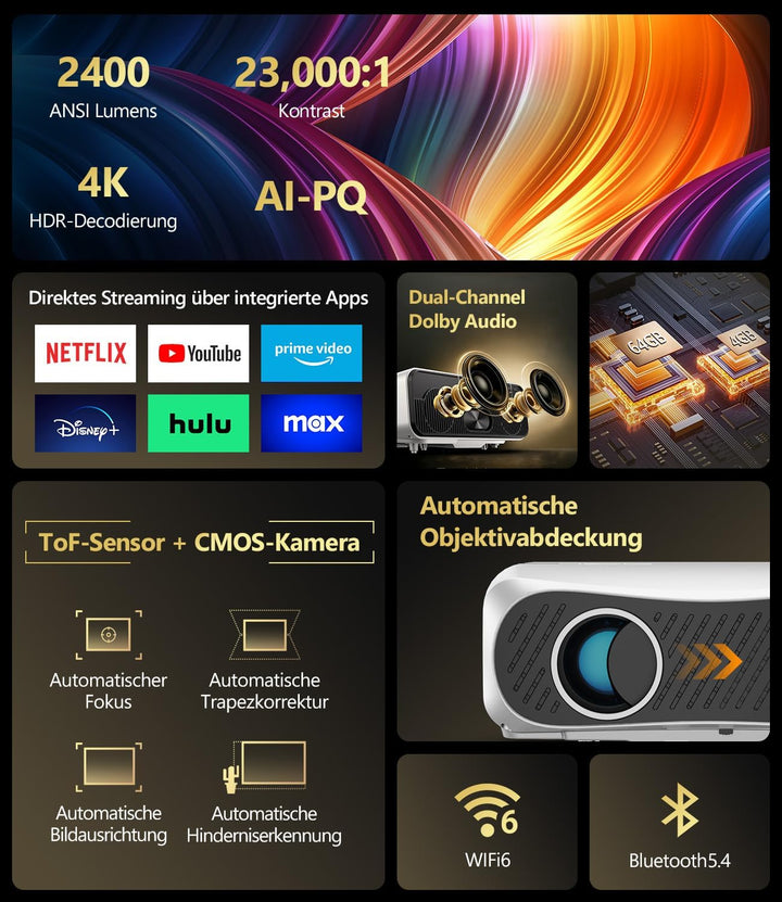 4K UHD Smart Beamer[Netflix] Tageslichttauglich 2400 ANSI mit HDR10+ AI-PQ Bildoptimierung, ToF Auto