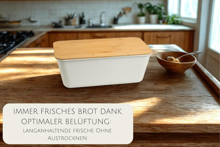 MOON HOME Brotkasten - Airlock White, mit vielseitigem Deckel aus Bambus/Holz als Brotschneidebrett,