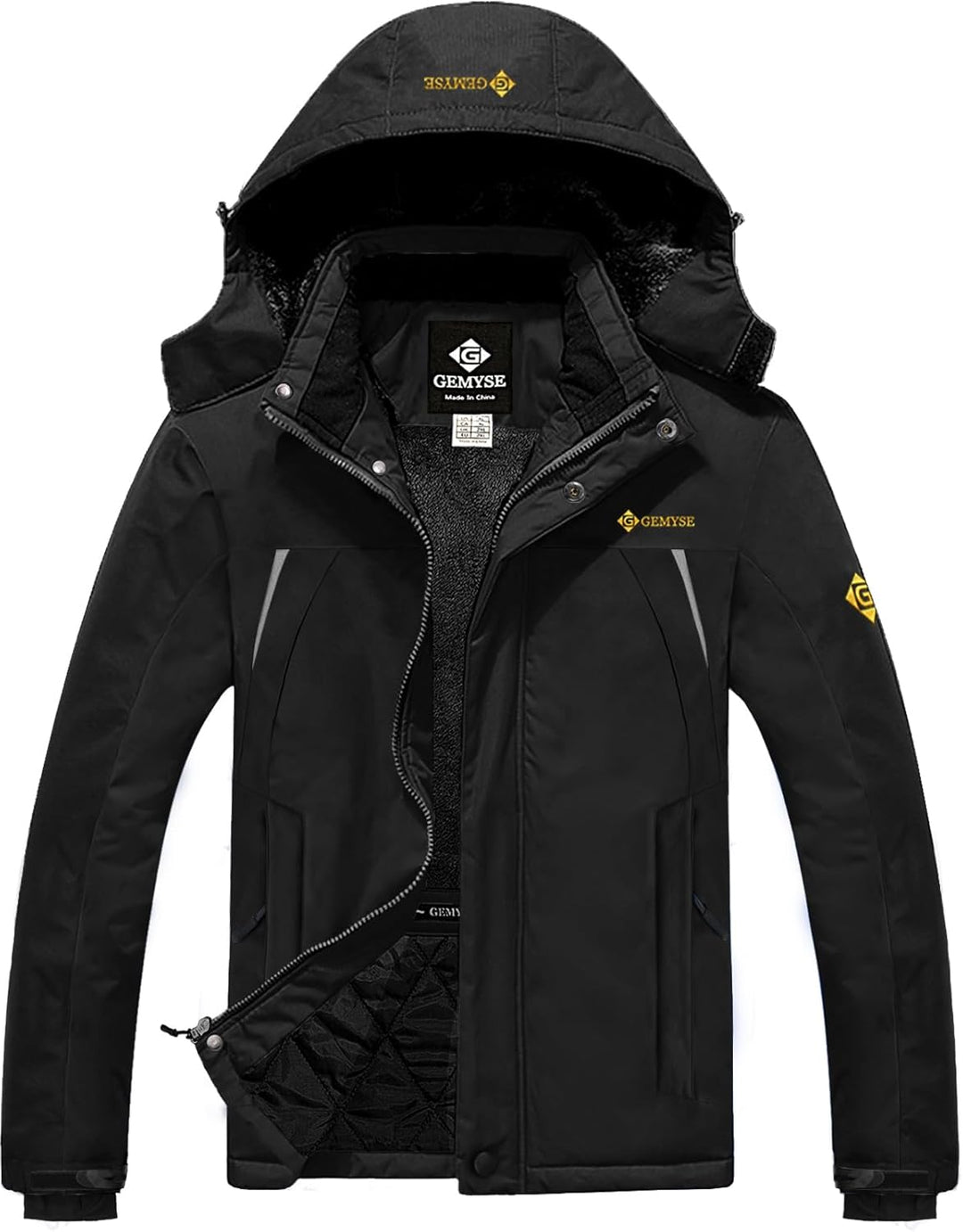GEMYSE Herren Skijacke Outdoor Winter Wasserdicht Winddicht Bergjacke mit Kapuze Fleece XXL Schwarz,