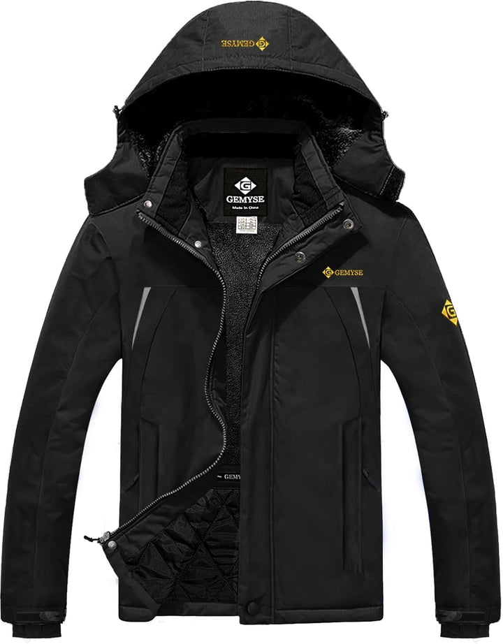 GEMYSE Herren Skijacke Outdoor Winter Wasserdicht Winddicht Bergjacke mit Kapuze Fleece XXL Schwarz,