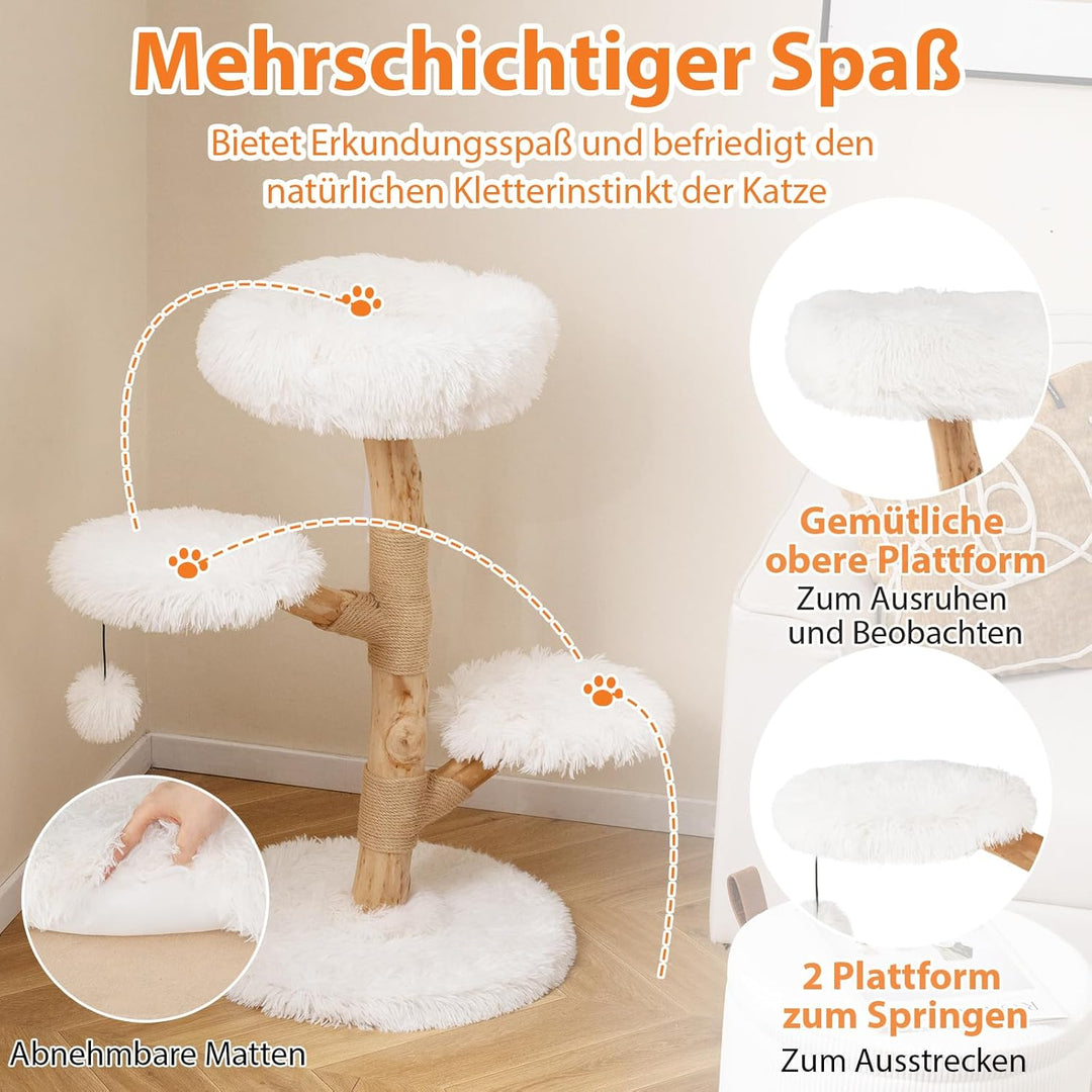 COSTWAY 90cm Kratzbaum Holz, Katzenbaum mit 4 Plüschsitzflächen, Ball & Kratzpfosten aus Jute und Ma