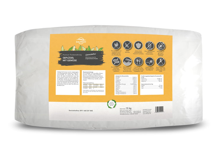 SALiNGO Hundefutter Geflügel mit Gemüse, Trockenfutter, getreidefrei, zuckerfrei, monoprotein 15 kg