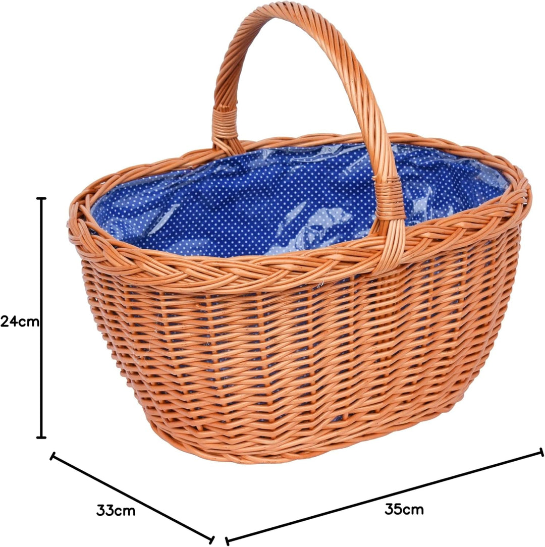 Grosser Einkaufskorb / Autokorb aus Weide mit Henkel und Stoffeinlege in Blau mit punkten oval Typ