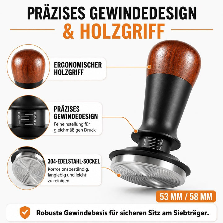 Kaffee Tamper, Kaffeemehlpresser mit Holzgriff, kaffeestempel Edelstahl mit Base Ripple, Espresso Ta