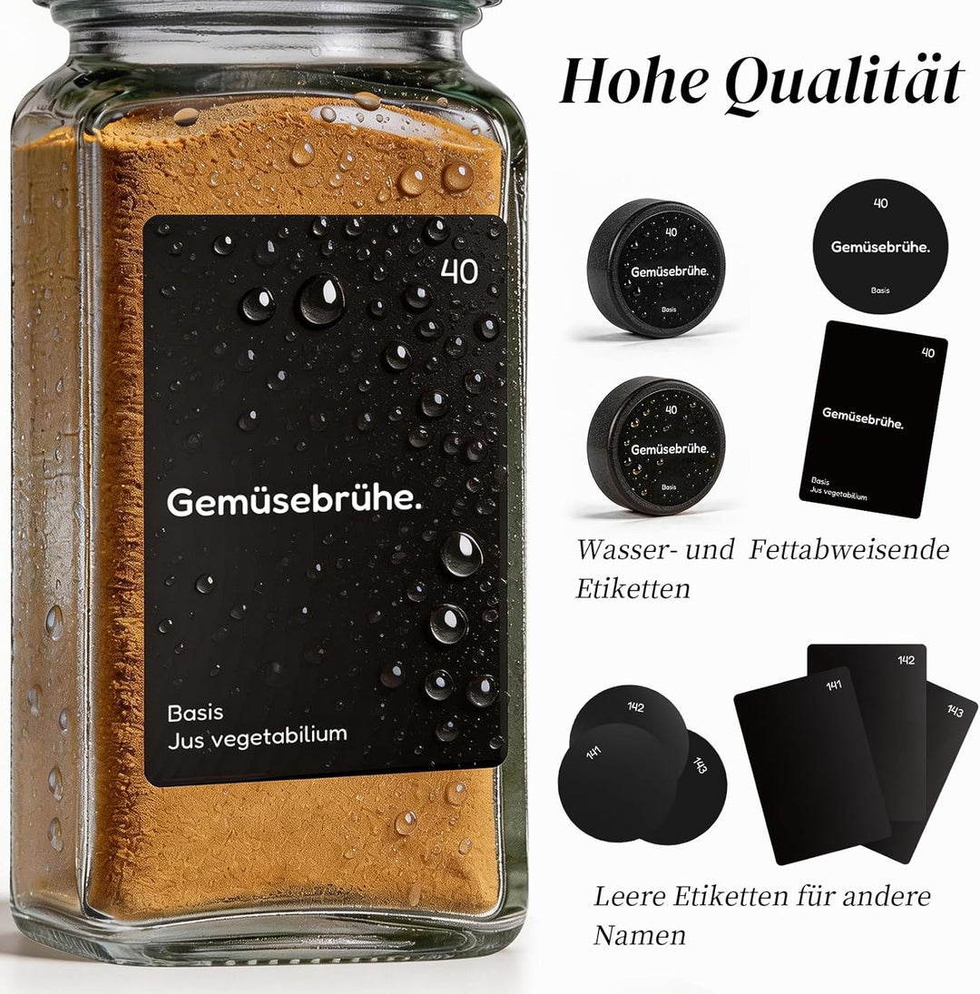 24er Set Gewürzgläser mit Streueinsatz - 120ml Eckig Gewürzdosen Glas mit Deckel Schwarz - Inkl. 342