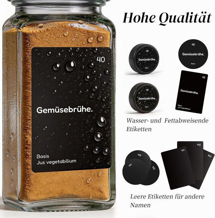 24er Set Gewürzgläser mit Streueinsatz - 120ml Eckig Gewürzdosen Glas mit Deckel Schwarz - Inkl. 342