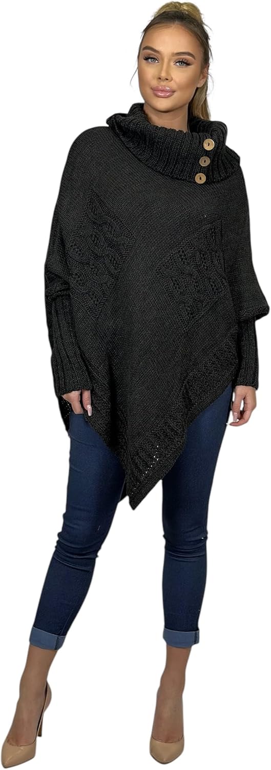 Mississhop Poncho Strick Sweatshirt Pullover Umhang Überwurf Einheitsgrösse Graphit, Einheitsgrösse