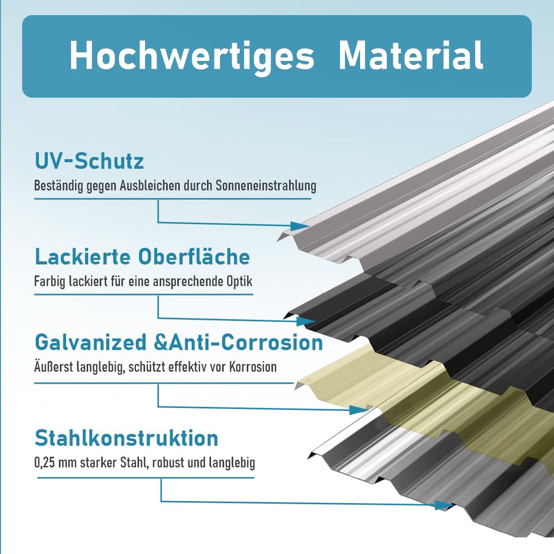 Wellplatten Dach Trapezblech 12x Profilblech 129cm x 45cm ca. 7 m², Wellblechplatten für Dach, Dachb