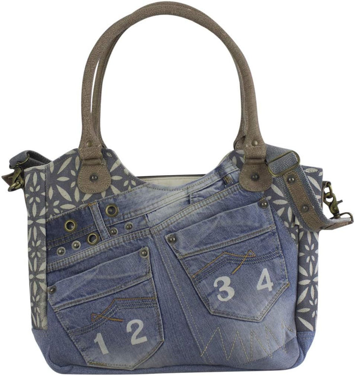 Sunsa Damen Nachhaltige Handtasche aus recycelte Jeans Canvas & Leder. Vintage Still grosse Schulter