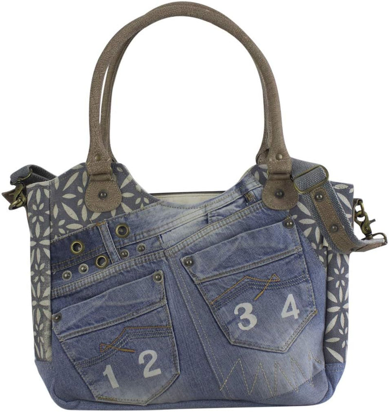 Sunsa Damen Nachhaltige Handtasche aus recycelte Jeans Canvas & Leder. Vintage Still grosse Schulter