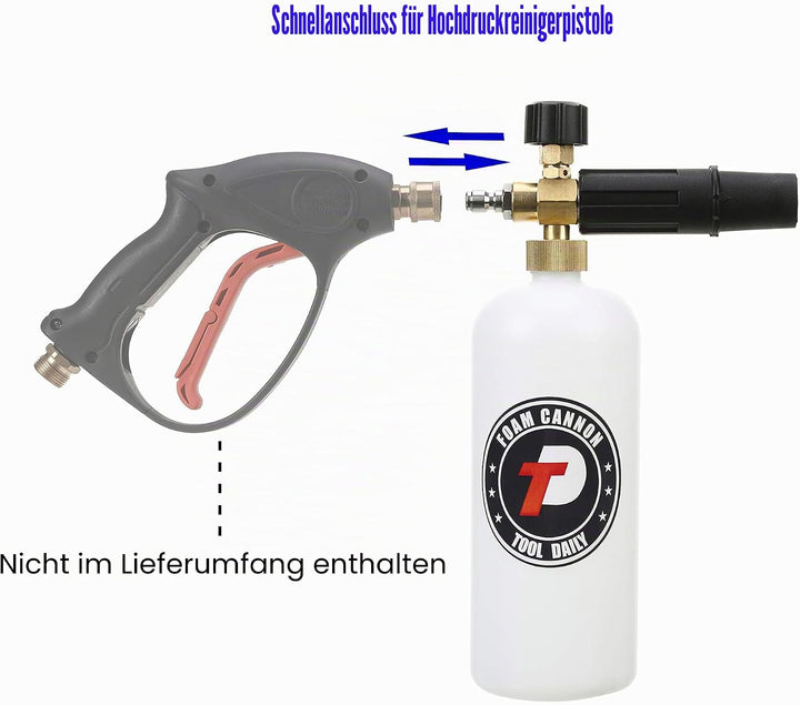 Schaumkanone mit 1/4 Inch Schnellverbindungsstick, 1 Liter Flasche, 5 Hochdruckreiniger Düsekopf 1/4
