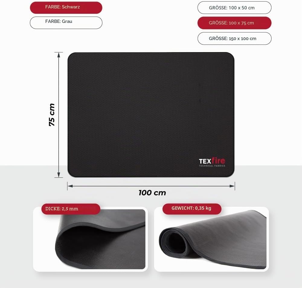 TEXFIRE – Feuerfeste und wasserdichte Matte für Aussenböden (100x75 cm), Bodenschutz für BBQ, Grilla