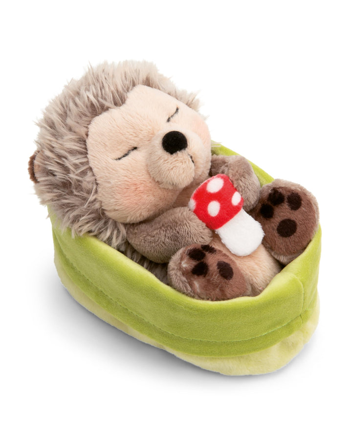 NICI Kuscheltier Igel mit Fliegenpilz schlafend im Körbchen - braun - Stofftier aus weichem Plüsch,