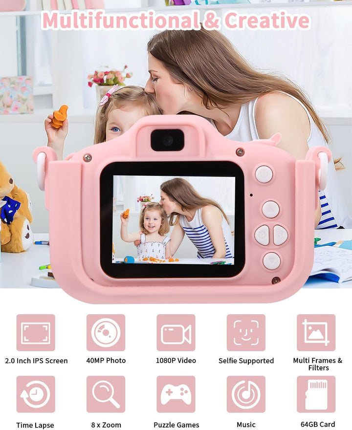Kinderkamera 1080P Bildschirm Kamera mit 64GB-Karte Selfie Digitalkamera für 3-12 Jahre Jungen &amp; Mäd