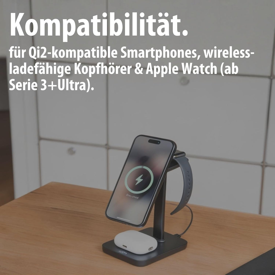 Brennenstuhl 3 in 1 Ladestation (magnetisches Ladepad 15W für Smartphones mit Qi2, Qi2-kompatibel, k
