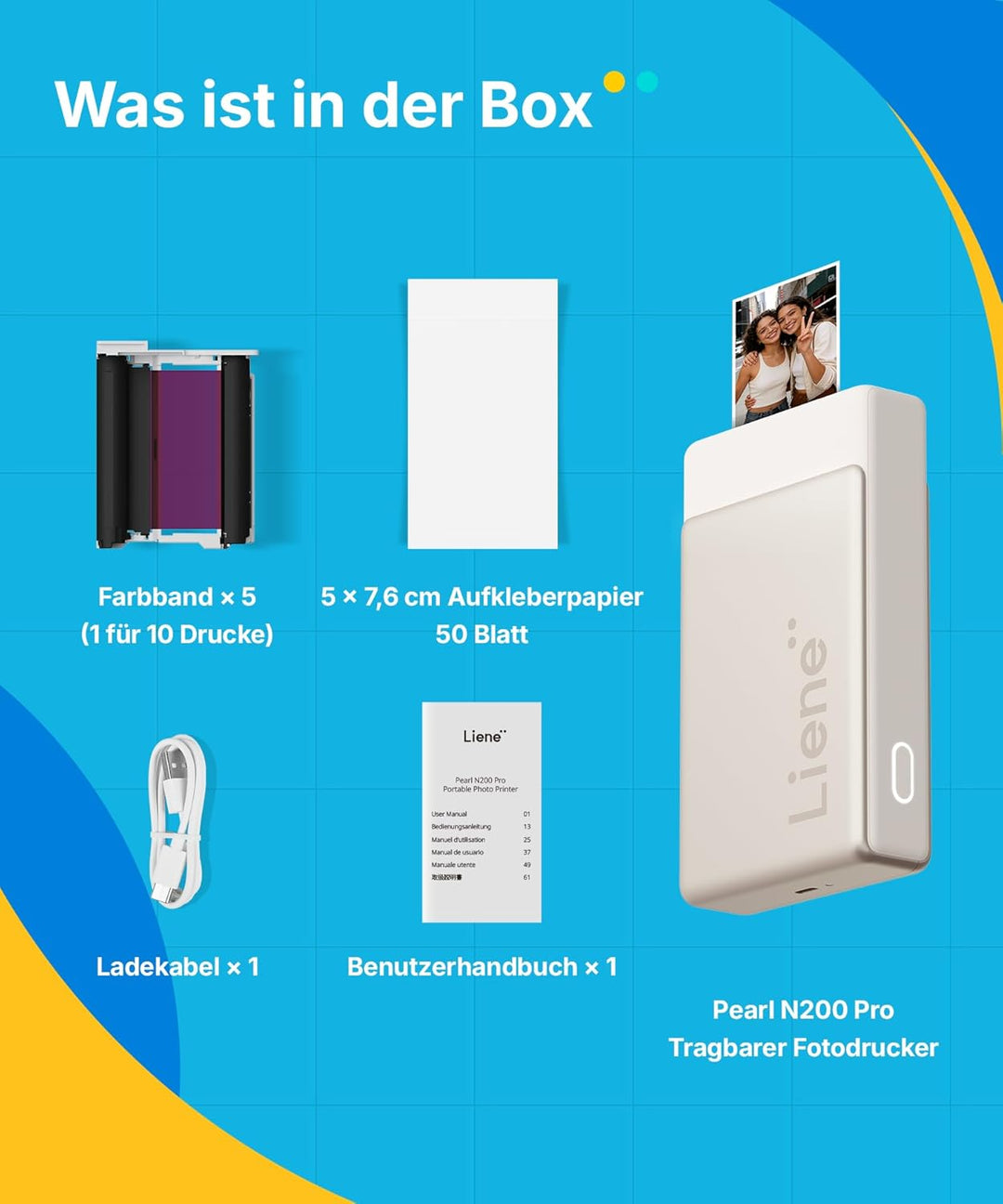 Liene Pearl N200 Pro Tragbarer Mini Fotodrucker mit Farbsublimation – Inkl. 50 selbstklebende Fotos