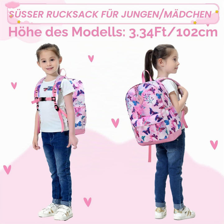 VASCHY Mädchen Schulrucksack 4-6 Jahre Schulrucksack mit Seitentaschen und Brustgurt 148-schmetterli