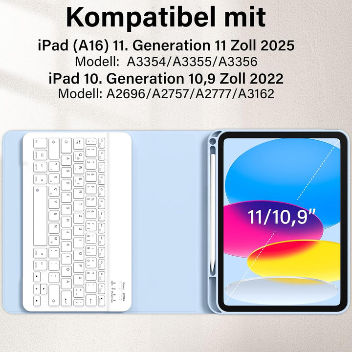 aoub Hülle mit Tastatur für iPad (A16) 11. Generation/10. Generation 10,9" Blau, Blau
