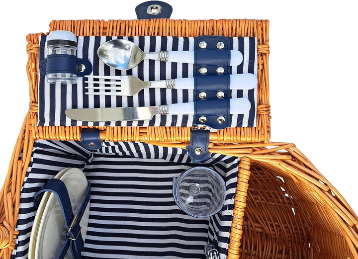 Picknickkorb für 2 Personen mit Picknickdecke, Besteck, Tellern, Weingläsern, Salz &amp; Pfeffer, Korken